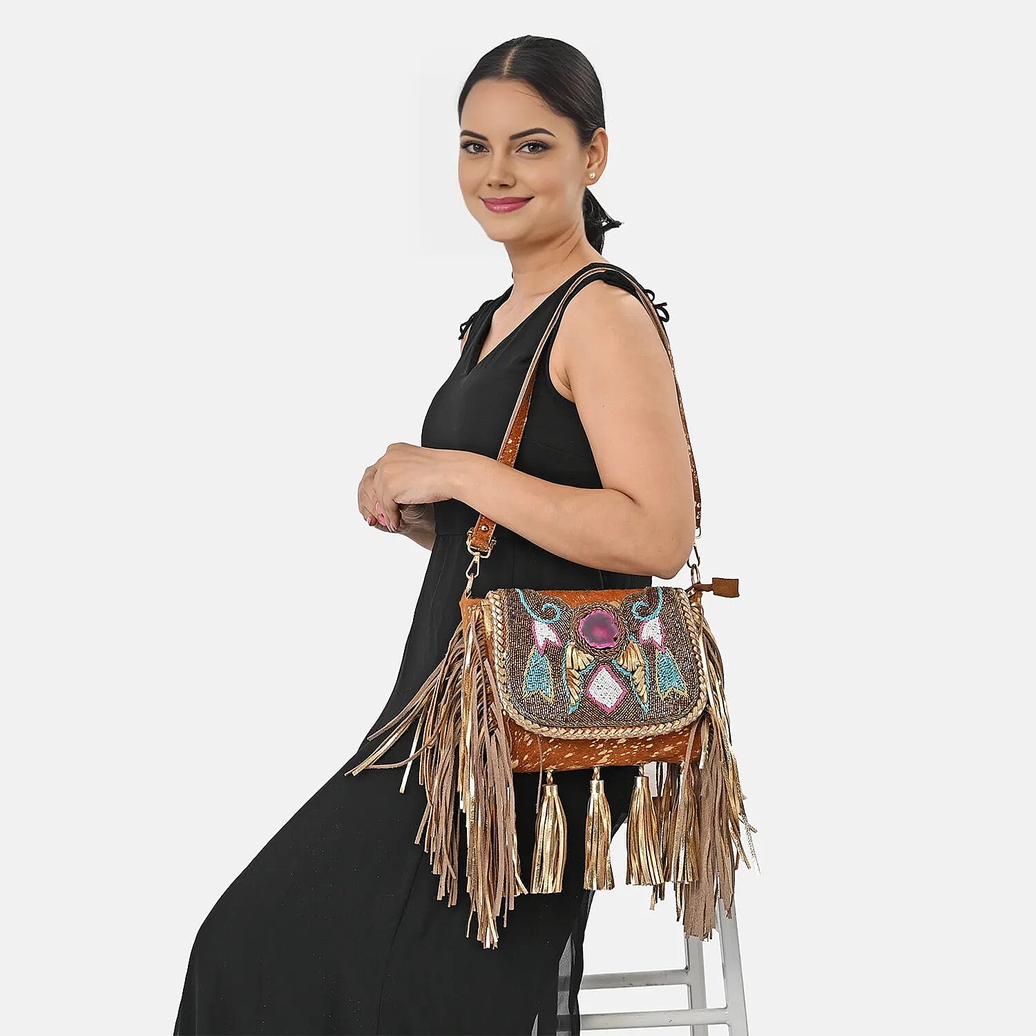 La Marey Camel Embroidery Beads Work 100% Genuine Leather Hair On Sling Bag