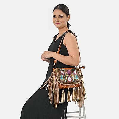 La Marey Camel Embroidery Beads Work 100% Genuine Leather Hair On Sling Bag