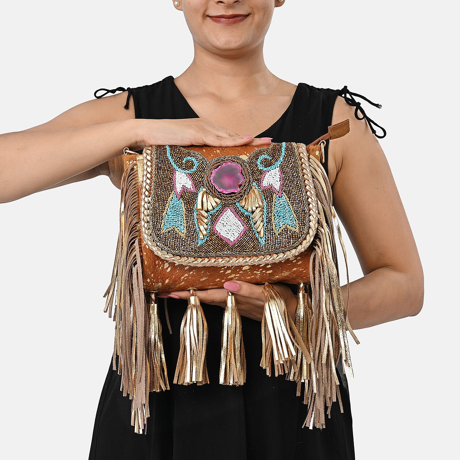 La Marey Camel Embroidery Beads Work 100% Genuine Leather Hair On Sling Bag