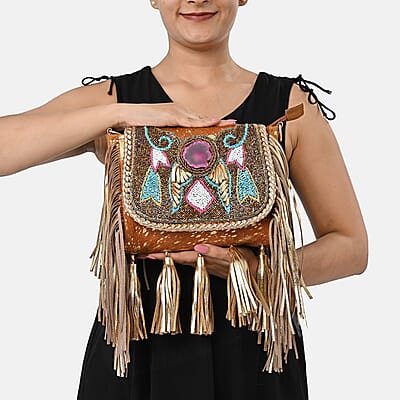 La Marey Camel Embroidery Beads Work 100% Genuine Leather Hair On Sling Bag