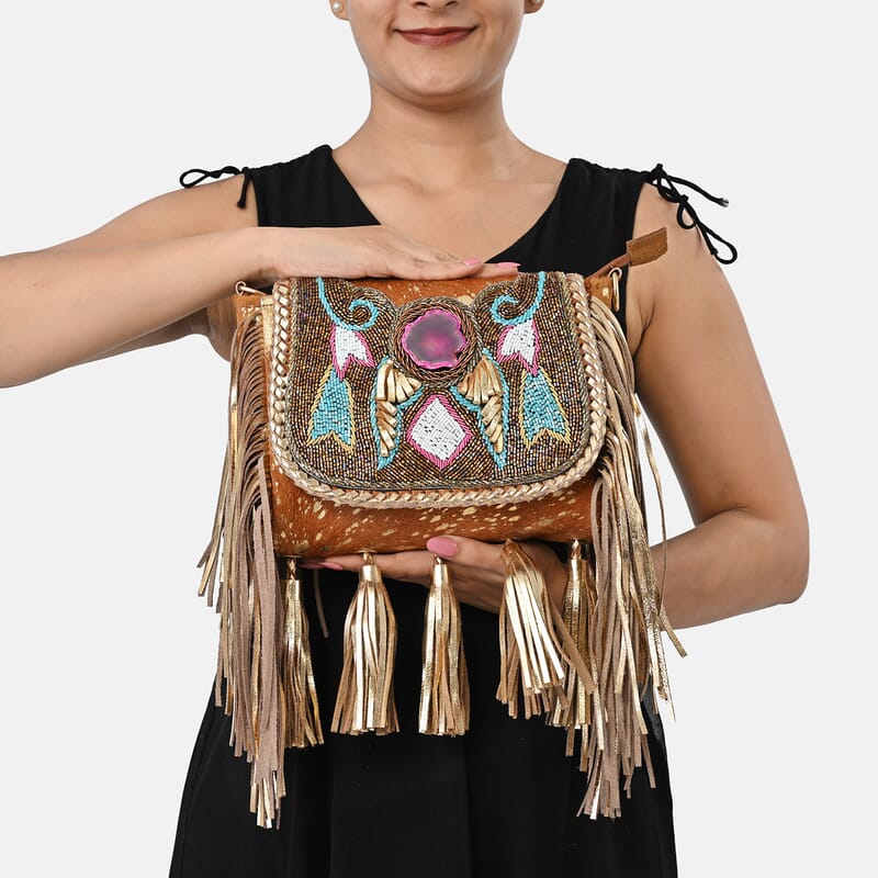 La Marey Camel Embroidery Beads Work 100% Genuine Leather Hair On Sling Bag