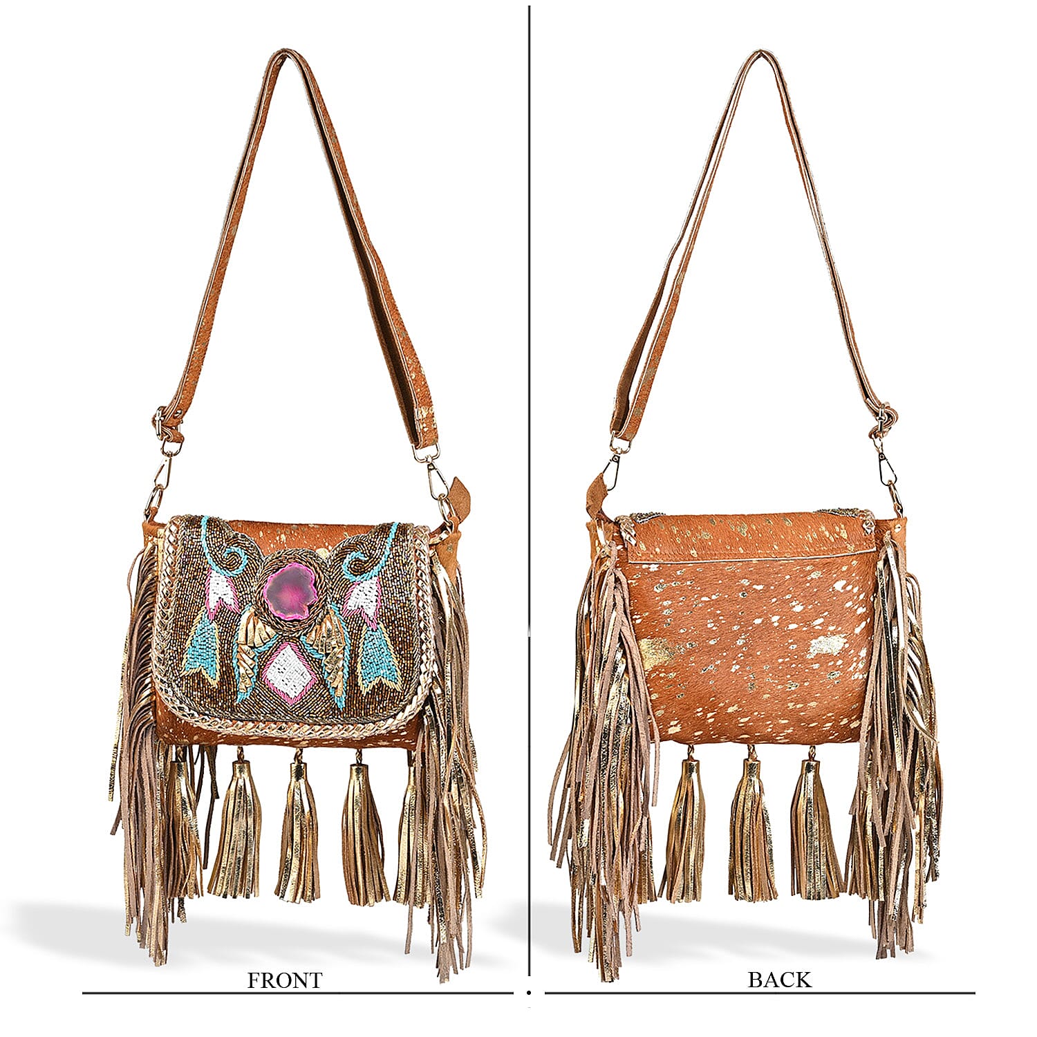La Marey Camel Embroidery Beads Work 100% Genuine Leather Hair On Sling Bag