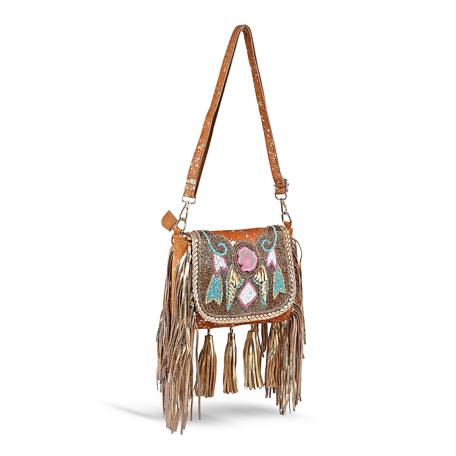 La Marey Camel Embroidery Beads Work 100% Genuine Leather Hair On Sling Bag