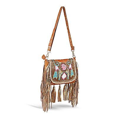 La Marey Camel Embroidery Beads Work 100% Genuine Leather Hair On Sling Bag