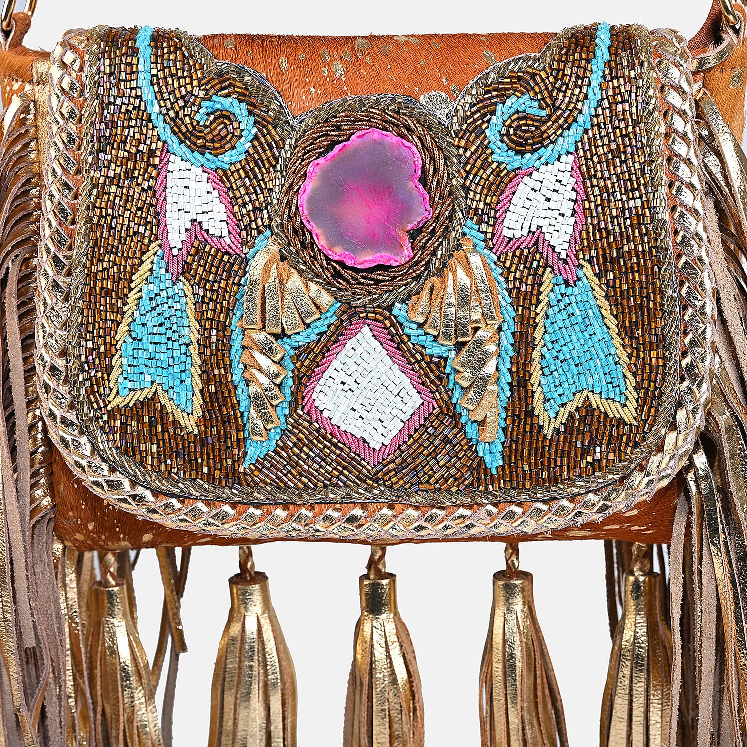 La Marey Camel Embroidery Beads Work 100% Genuine Leather Hair On Sling Bag