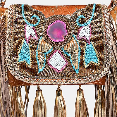 La Marey Camel Embroidery Beads Work 100% Genuine Leather Hair On Sling Bag