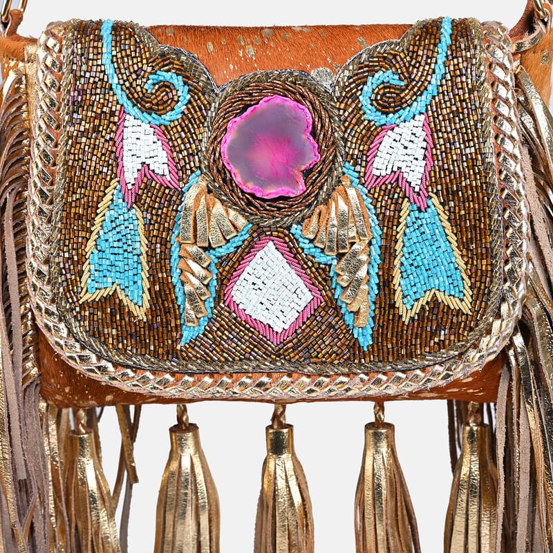 La Marey Camel Embroidery Beads Work 100% Genuine Leather Hair On Sling Bag