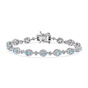 D'Joy Santa Maria Aquamarine and Moissanite 4.85 ctw Ocean Crown Bracelet in Rhodium Over Sterling Silver (7.25 In)