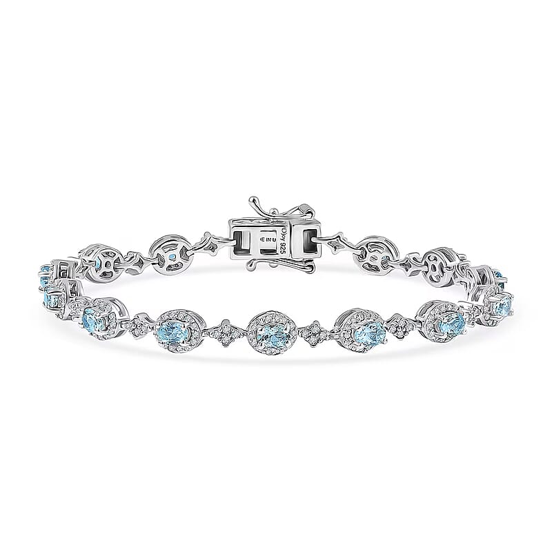 D'Joy Santa Maria Aquamarine and Moissanite 4.85 ctw Ocean Crown Bracelet in Rhodium Over Sterling Silver (7.25 In)