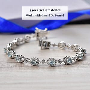 D'Joy Santa Maria Aquamarine and Moissanite 4.85 ctw Ocean Crown Bracelet in Rhodium Over Sterling Silver (7.25 In)