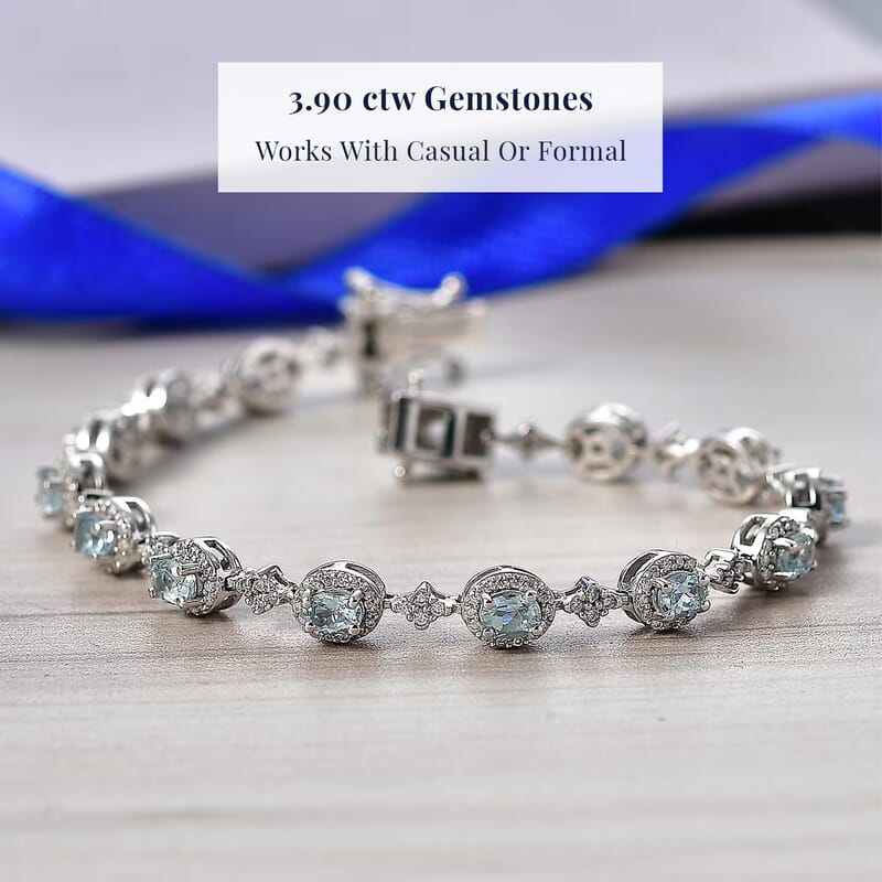 D'Joy Santa Maria Aquamarine and Moissanite 4.85 ctw Ocean Crown Bracelet in Rhodium Over Sterling Silver (7.25 In)