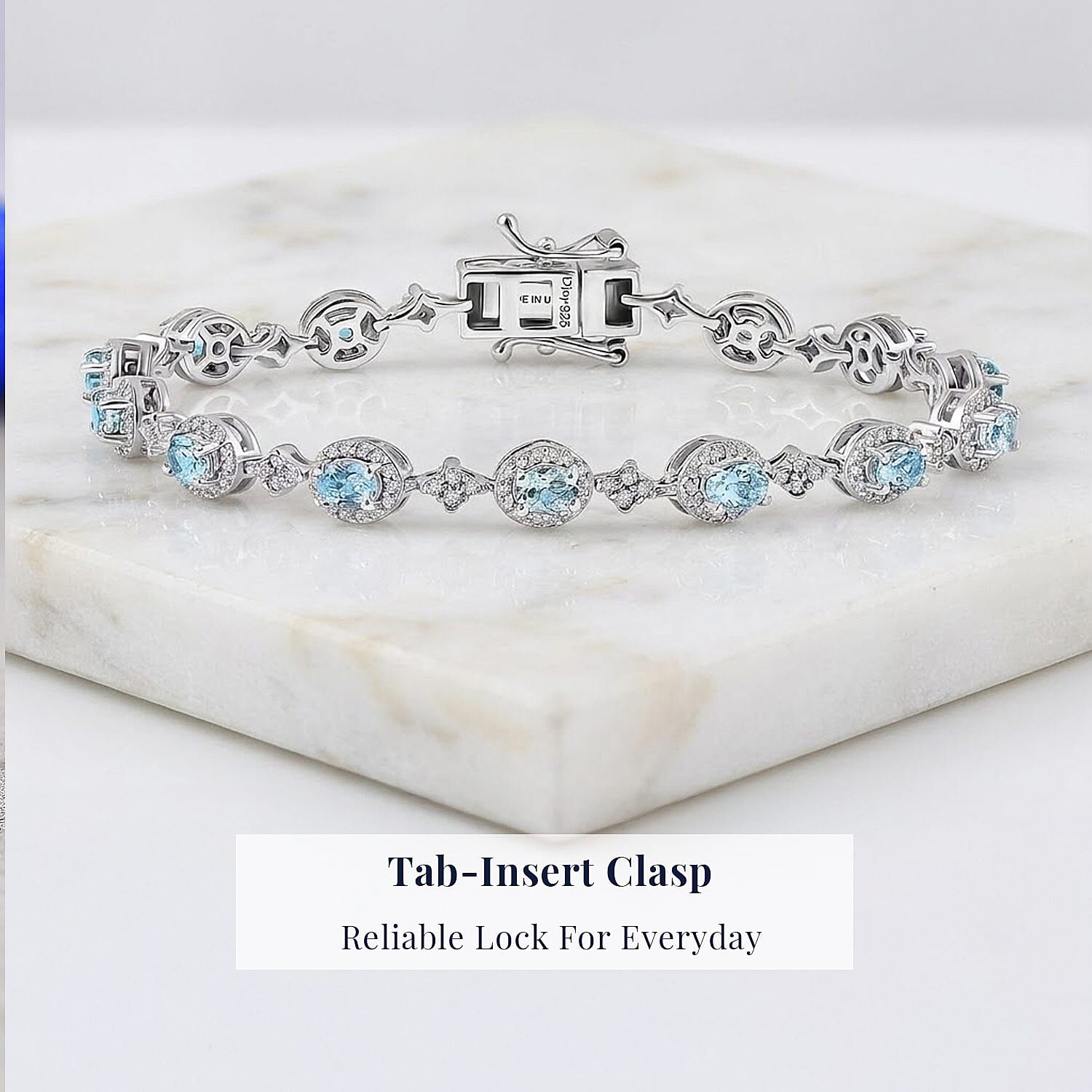 D'Joy Santa Maria Aquamarine and Moissanite 4.85 ctw Ocean Crown Bracelet in Rhodium Over Sterling Silver (7.25 In)