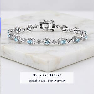 D'Joy Santa Maria Aquamarine and Moissanite 4.85 ctw Ocean Crown Bracelet in Rhodium Over Sterling Silver (7.25 In)