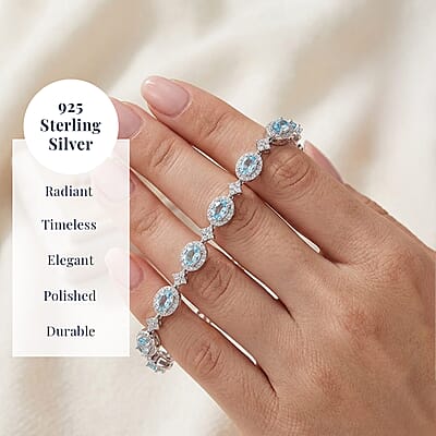 D'Joy Santa Maria Aquamarine and Moissanite 4.85 ctw Ocean Crown Bracelet in Rhodium Over Sterling Silver (7.25 In)