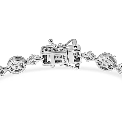 D'Joy Santa Maria Aquamarine and Moissanite 4.85 ctw Ocean Crown Bracelet in Rhodium Over Sterling Silver (7.25 In)