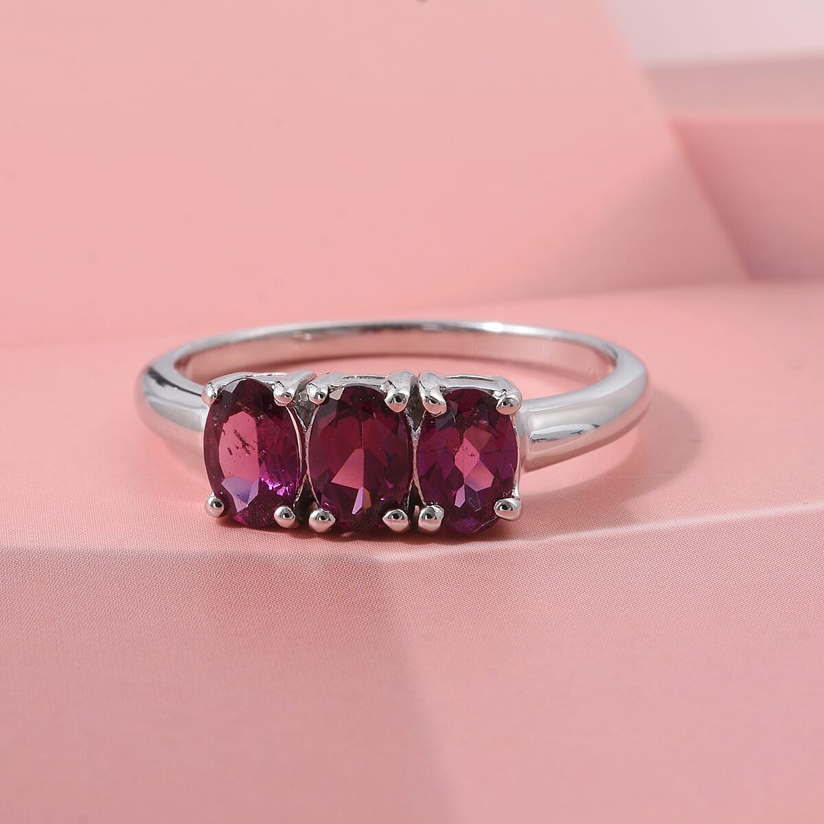 D'Joy AAA Radiant Ember Garnet 1.70 ctw Timeless Royal Trio Ring in Rhodium Over Sterling Silver (Size 6.0) image number 1