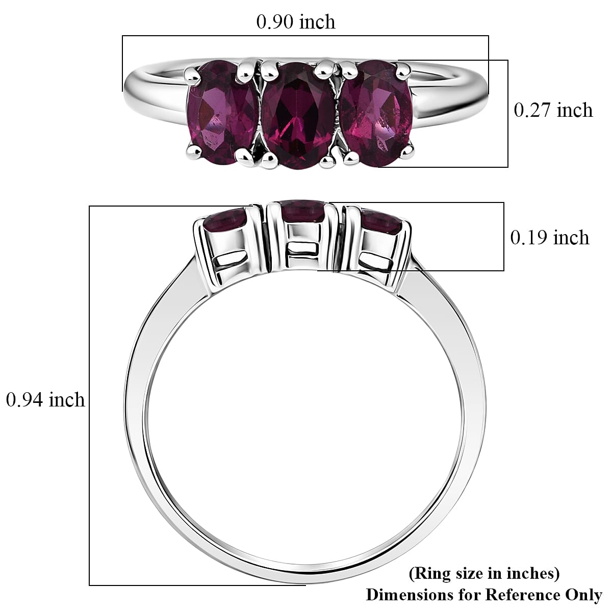 D'Joy AAA Radiant Ember Garnet 1.70 ctw Timeless Royal Trio Ring in Rhodium Over Sterling Silver (Size 6.0) image number 5