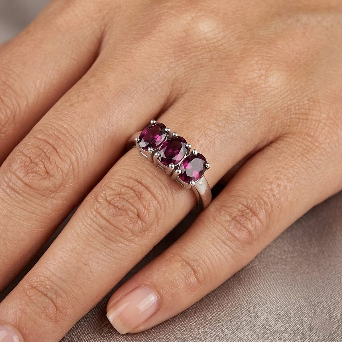 D'Joy AAA Radiant Ember Garnet 1.70 ctw Timeless Royal Trio Ring in Rhodium Over Sterling Silver (Size 7.0) image number 2