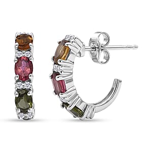 D'Joy Premium Multi-Tourmaline and White Zircon 1.20 ctw J-Hoop Earrings in Rhodium Over Sterling Silver (Del. In 10-12 Days)