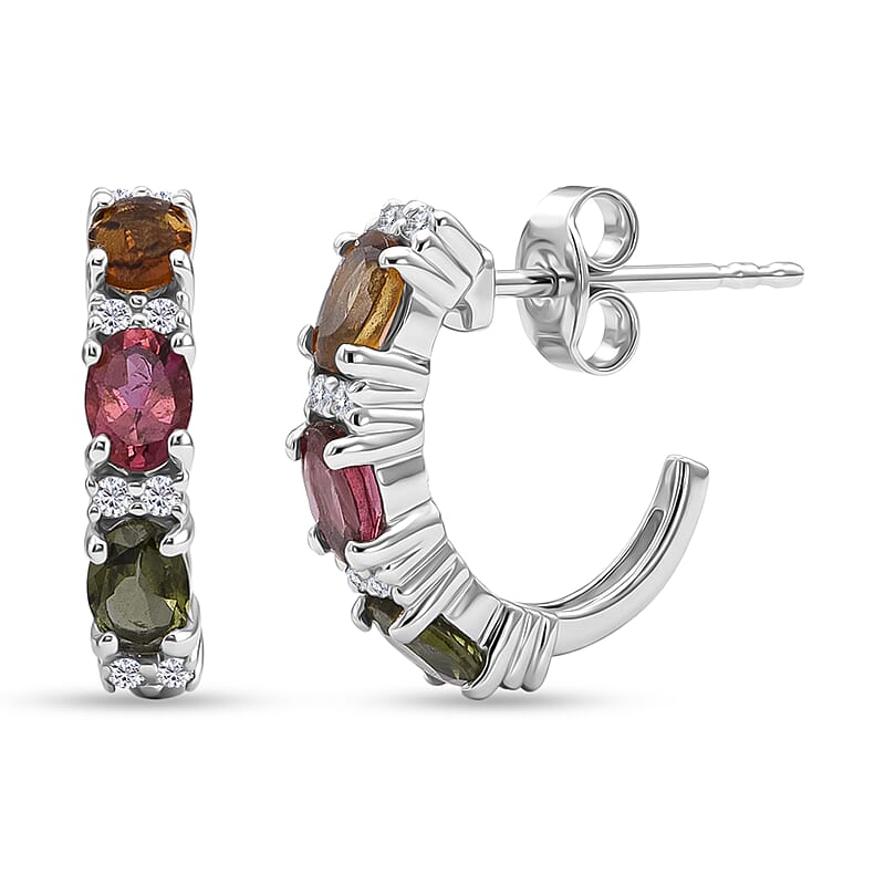 D'Joy Premium Multi-Tourmaline and White Zircon 1.35 ctw J-Hoop Earrings in Rhodium Over Sterling Silver