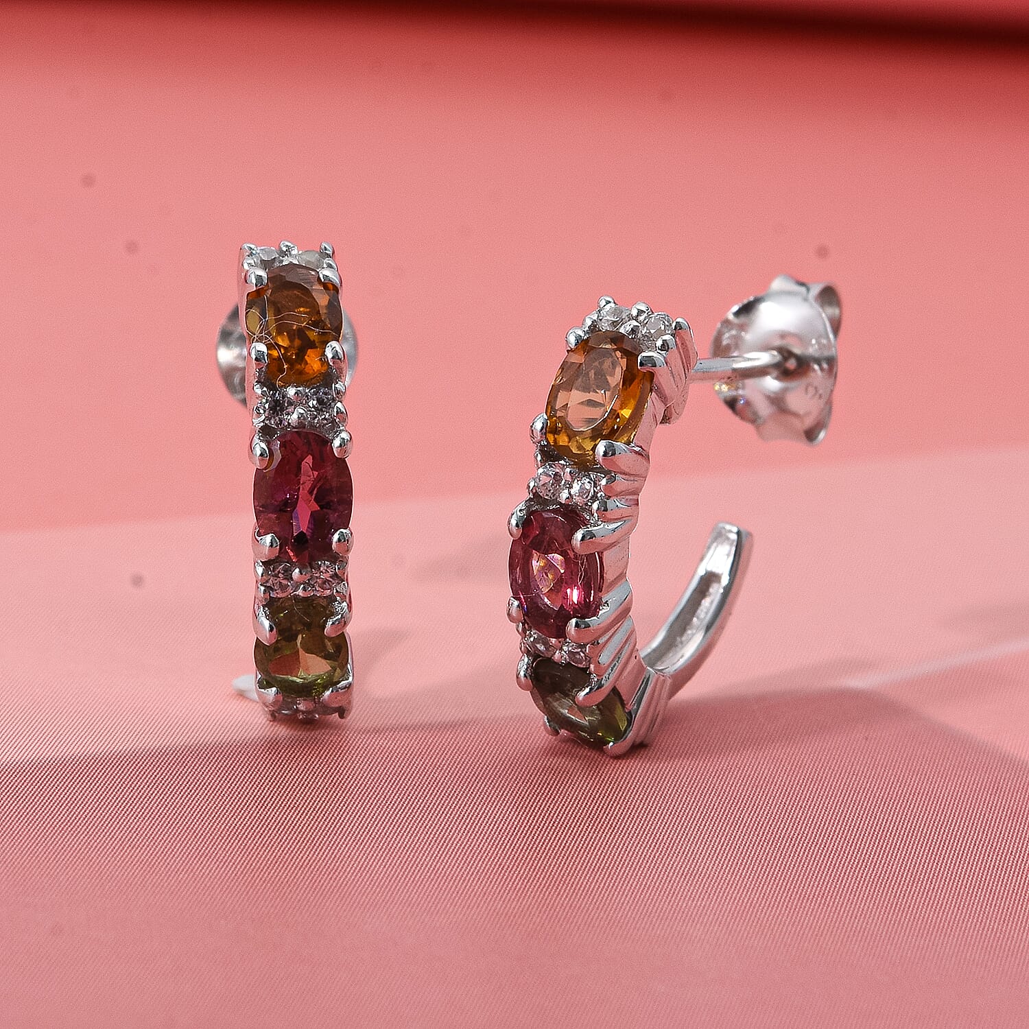 D'Joy Premium Multi-Tourmaline and White Zircon 1.35 ctw J-Hoop Earrings in Rhodium Over Sterling Silver