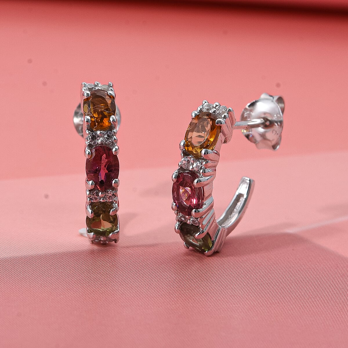 D'Joy Premium Multi-Tourmaline and White Zircon 1.20 ctw J-Hoop Earrings in Rhodium Over Sterling Silver (Del. In 10-12 Days) image number 1