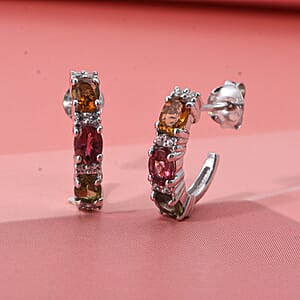 D'Joy Premium Multi-Tourmaline and White Zircon 1.20 ctw J-Hoop Earrings in Rhodium Over Sterling Silver (Del. In 10-12 Days)