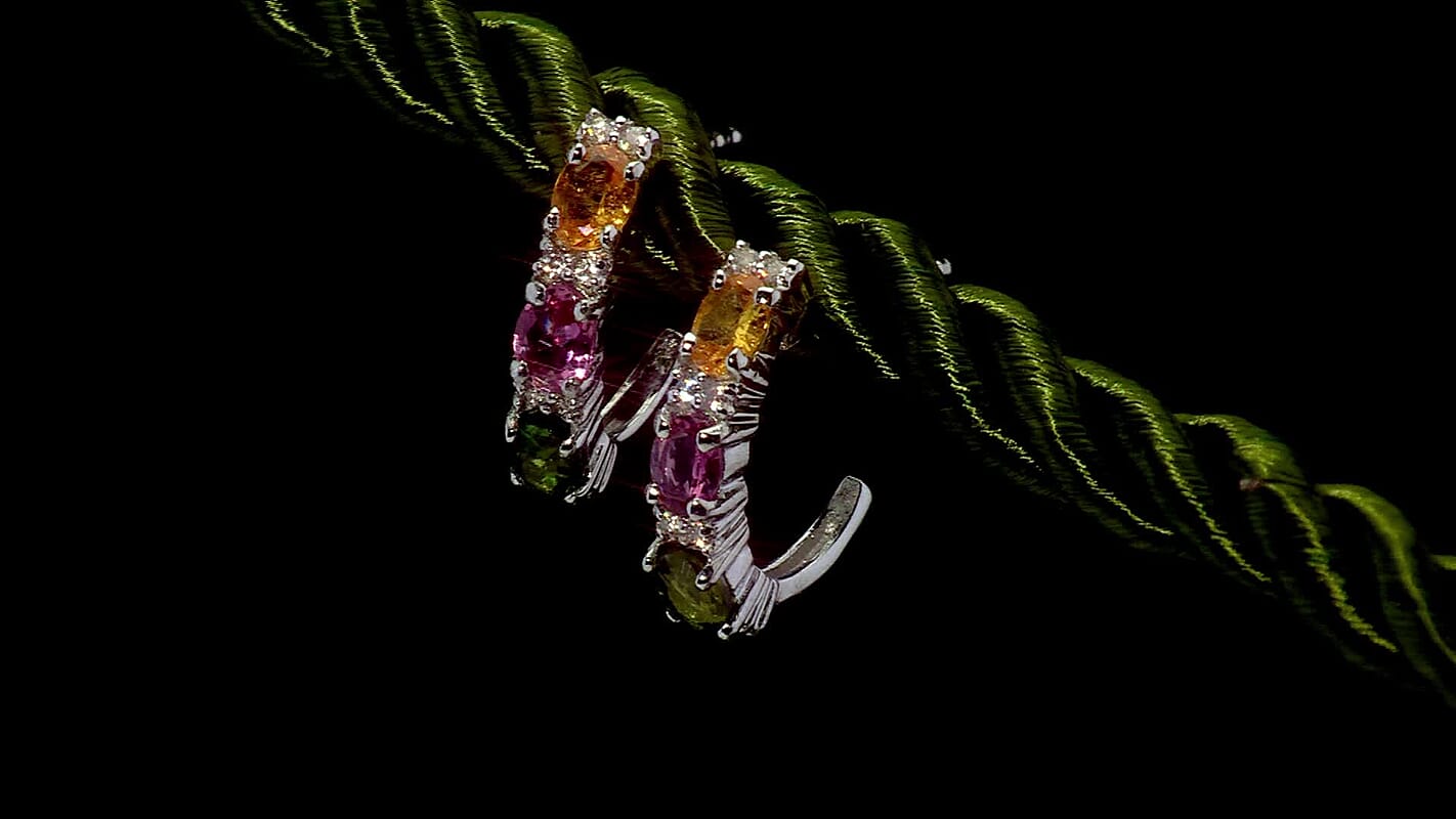 D'Joy Premium Multi-Tourmaline and White Zircon 1.35 ctw J-Hoop Earrings in Rhodium Over Sterling Silver