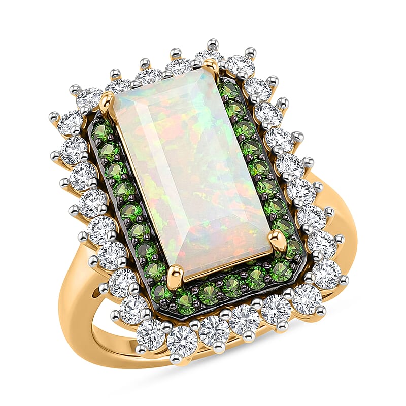 D'Joy AAA Ethiopian Welo Opal and Multi Gemstone 4.00 ctw Antique Mirror Ring in 18K Vermeil Yellow Gold Over Sterling Silver (Size 10.0)