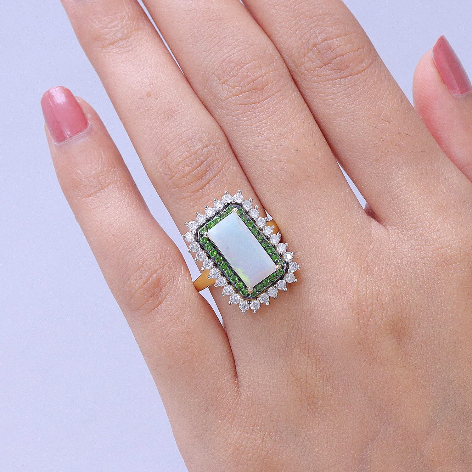 D'Joy AAA Ethiopian Welo Opal and Multi Gemstone 4.00 ctw Antique Mirror Ring in 18K Vermeil Yellow Gold Over Sterling Silver (Size 10.0)