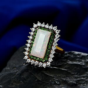 D'Joy AAA Ethiopian Welo Opal and Multi Gemstone 4.00 ctw Antique Mirror Ring in 18K Vermeil Yellow Gold Over Sterling Silver (Size 7.0)