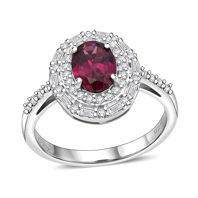D'Joy AAA Radiant Ember Garnet and Moissanite 2.00 ctw Royal Estate Halo Ring in Rhodium Over Sterling Silver (Size 5.0) (Del. In 8-10 Days)