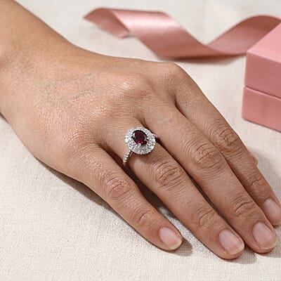 D'Joy AAA Radiant Ember Garnet and Moissanite 2.00 ctw Royal Estate Halo Ring in Rhodium Over Sterling Silver (Size 5.0) (Del. In 8-10 Days)