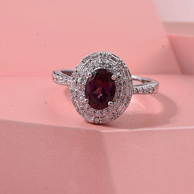 D'Joy AAA Radiant Ember Garnet and Moissanite 2.00 ctw Royal Estate Halo Ring in Rhodium Over Sterling Silver (Size 7.0)