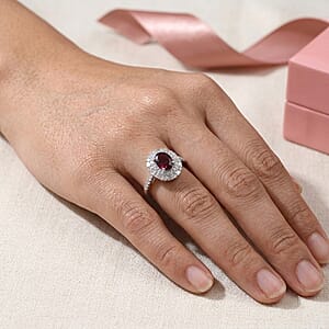 D'Joy AAA Radiant Ember Garnet and Moissanite 2.00 ctw Royal Estate Halo Ring in Rhodium Over Sterling Silver (Size 8.0) (Del. In 8-10 Days)