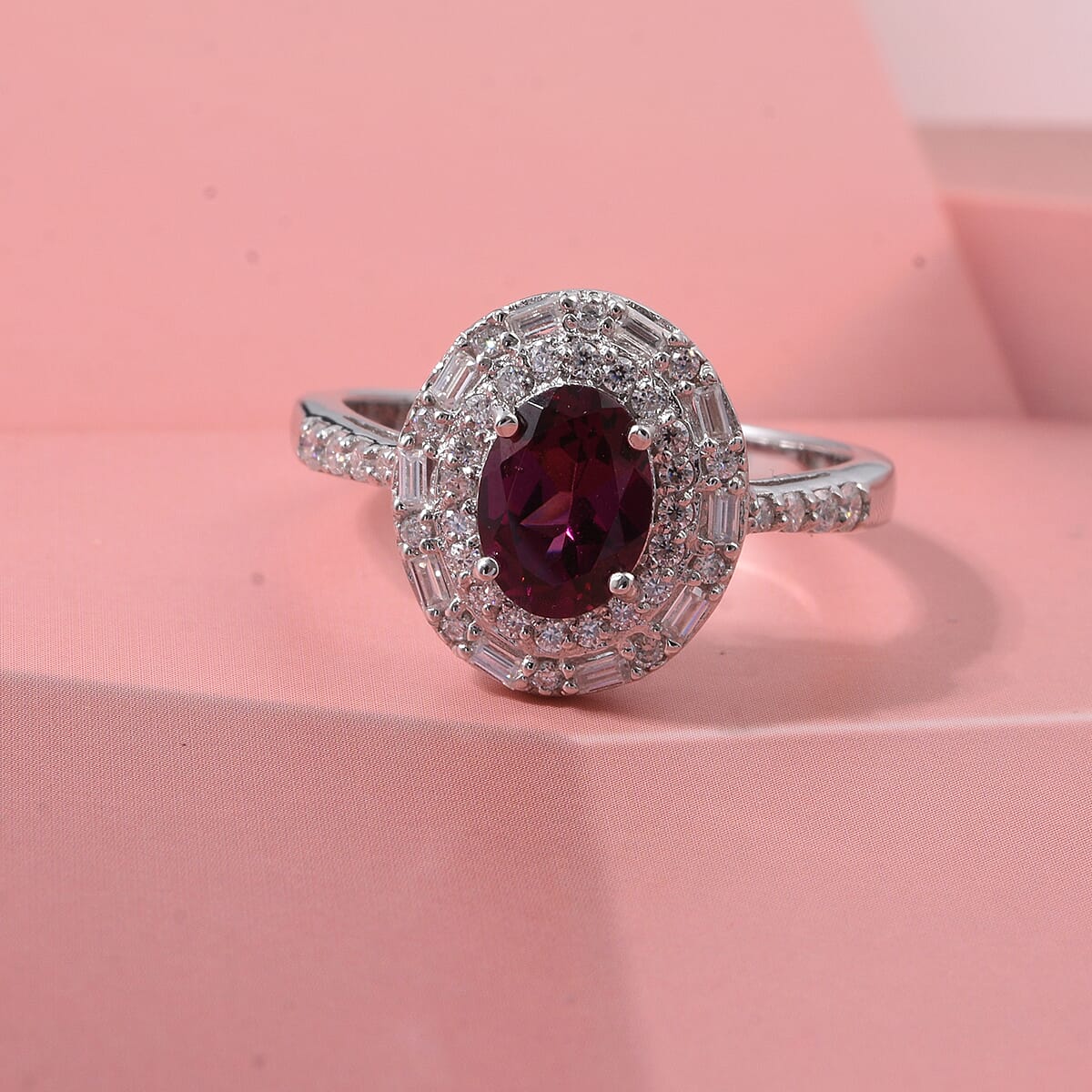 D'Joy AAA Radiant Ember Garnet and Moissanite 2.00 ctw Royal Estate Halo Ring in Rhodium Over Sterling Silver (Size 9.0) (Del. In 8-10 Days) image number 1