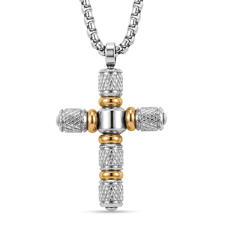 Cross Pendant Necklace in ION Plated YG and Stainless Steel 22 Inches