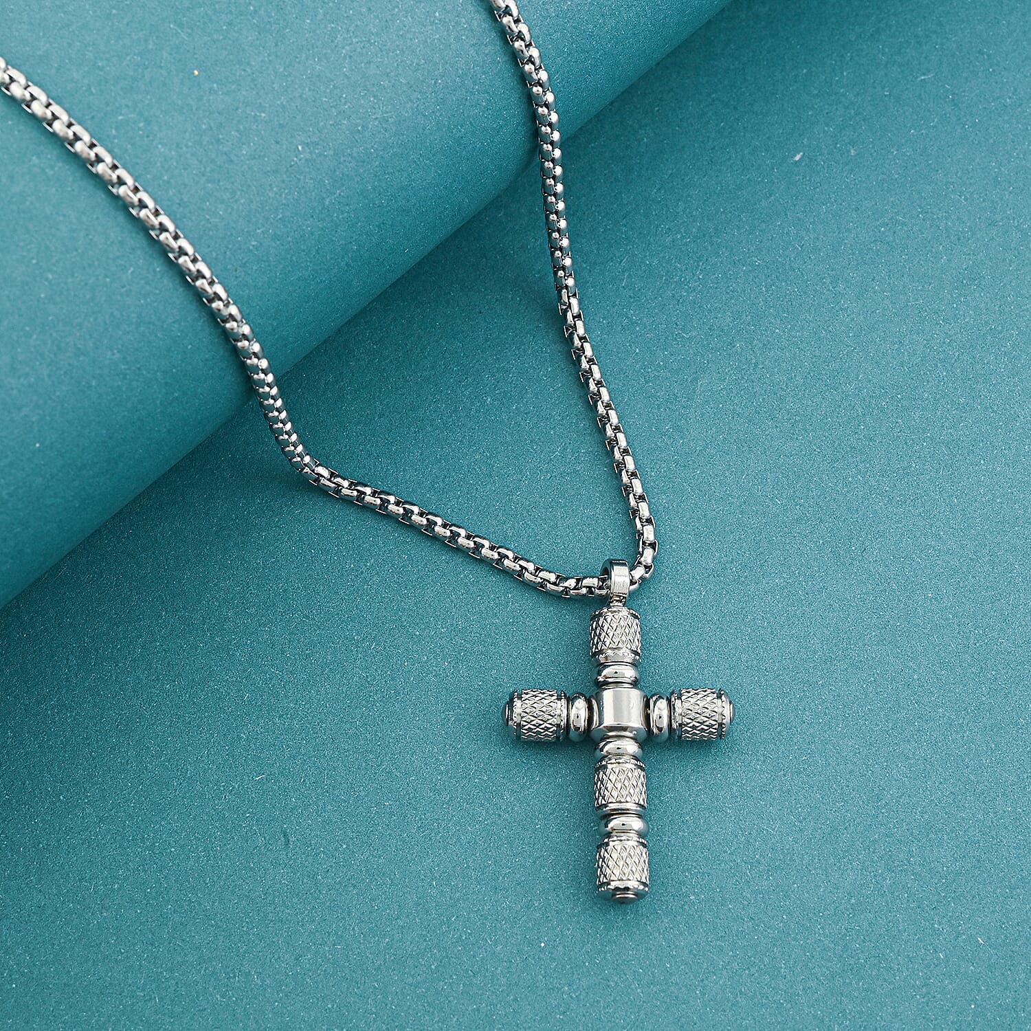 Tone Textured Cross Pendant Necklace in Stainless Steel 22 Inches