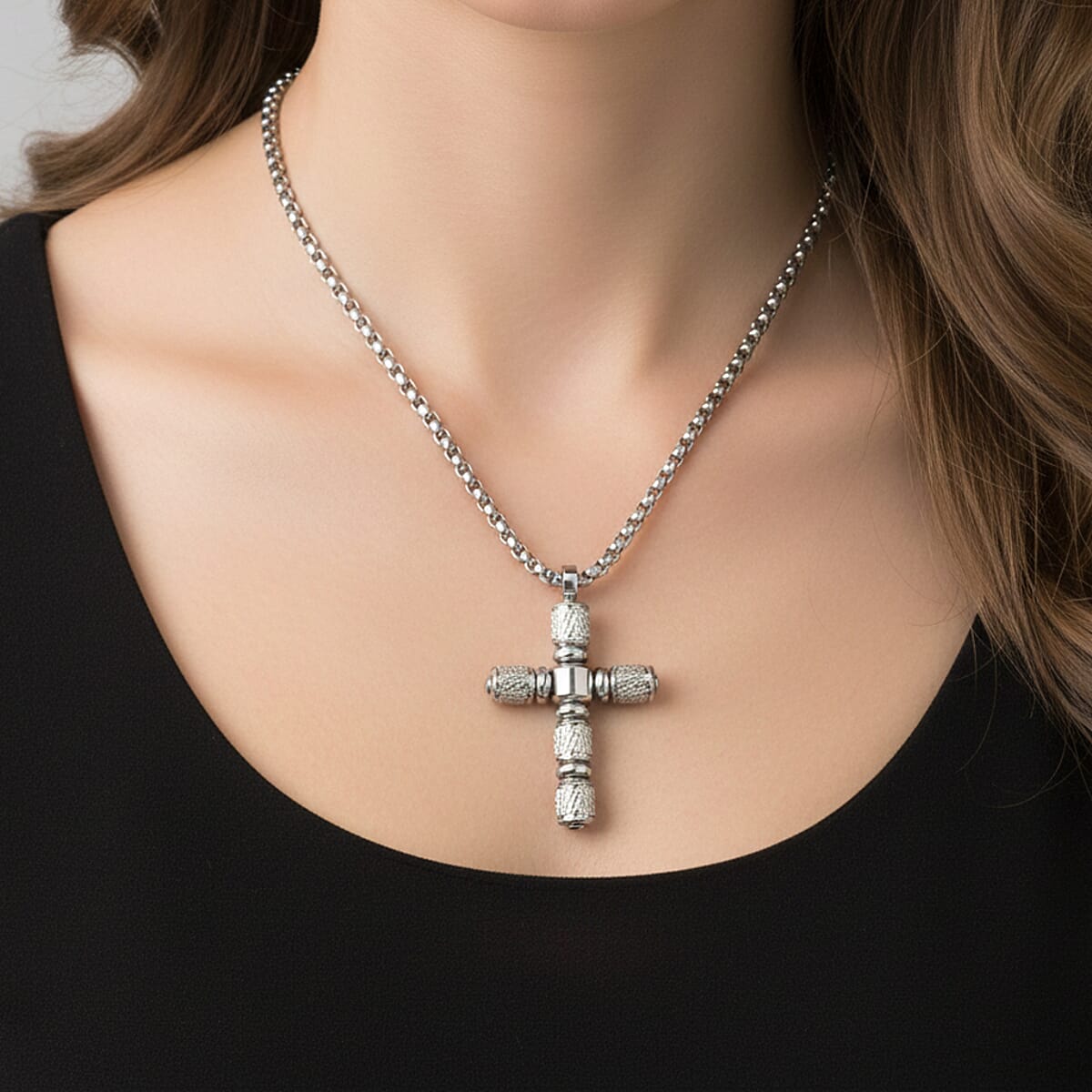 Tone Textured Cross Pendant Necklace in Stainless Steel 22 Inches  image number 2