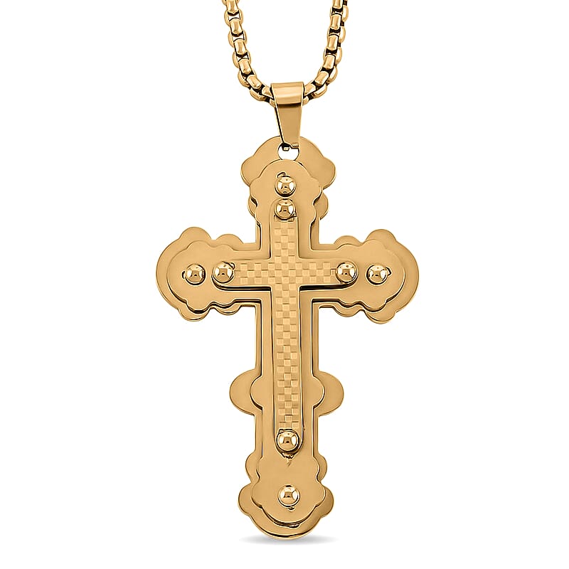Roman Cross Pendant Necklace in ION Plated YG Stainless Steel 22 Inches