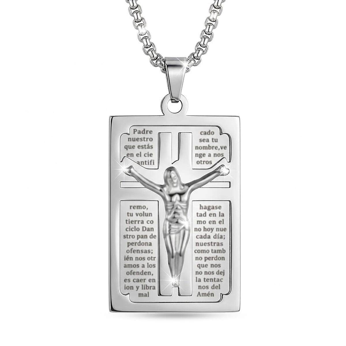 Lords Prayer Crucifix Dogtag Pendant Necklace in Stainless Steel 22 Inches 