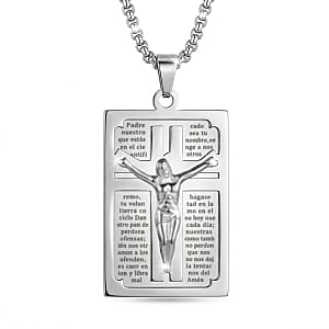 Lords Prayer Crucifix Dogtag Pendant Necklace in Stainless Steel 22 Inches 