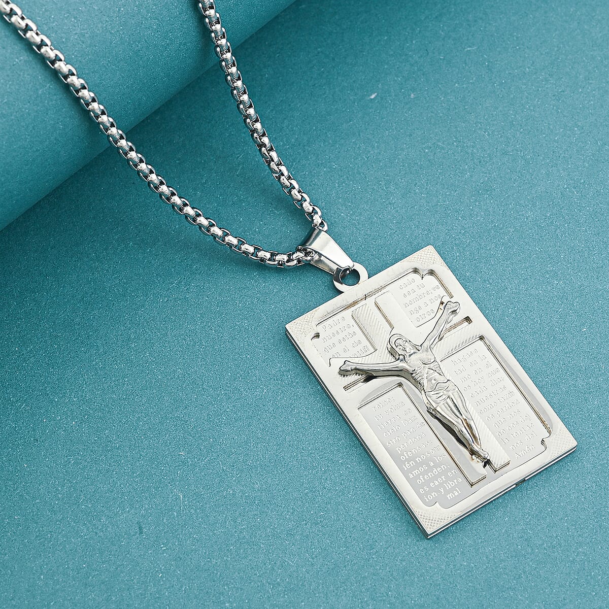 Lords Prayer Crucifix Dogtag Pendant Necklace in Stainless Steel 22 Inches  image number 1