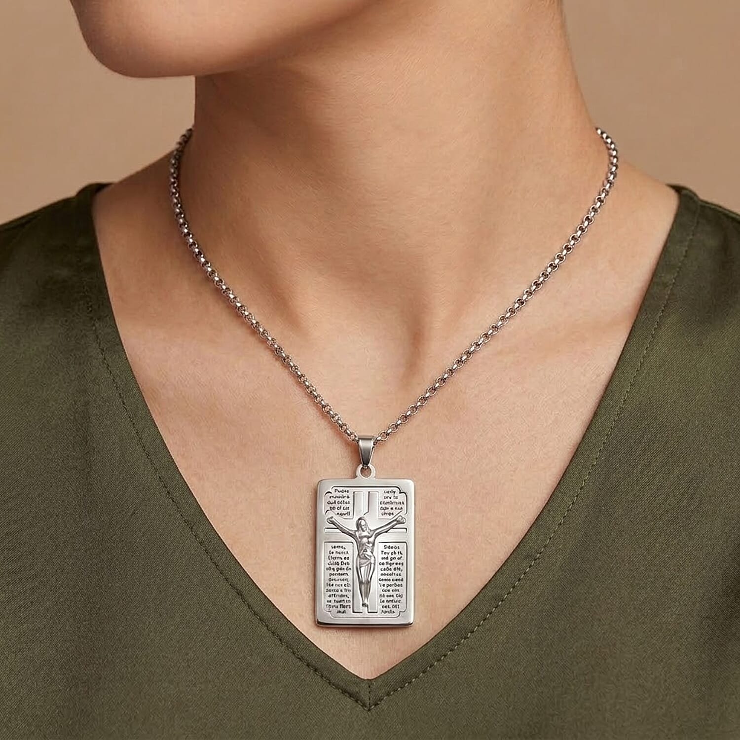Lords Prayer Crucifix Dogtag Pendant Necklace in Stainless Steel 22 Inches 