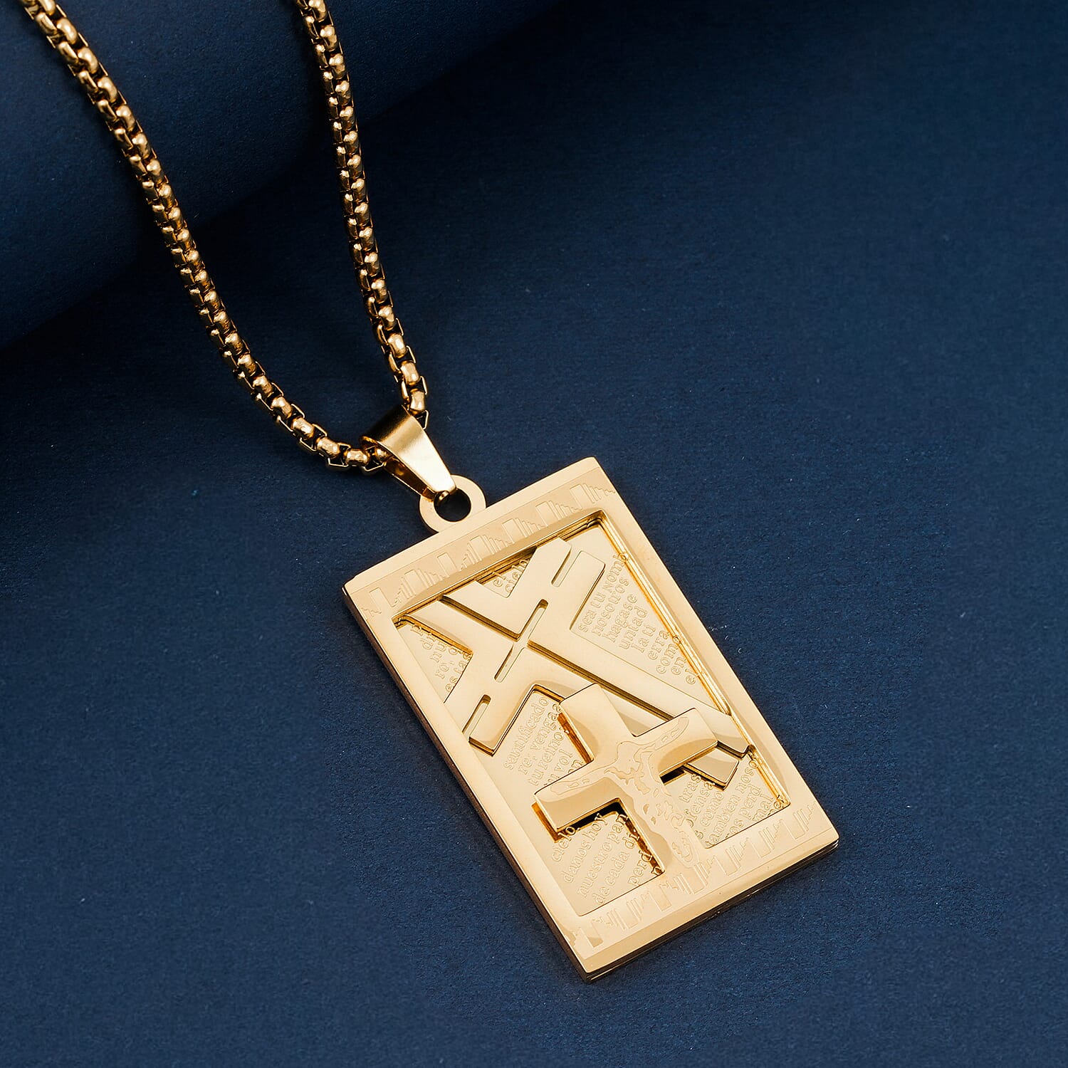 Lords Prayer Crucifix Dogtag Necklace ION Plated YG Stainless Steel 22 Inches 