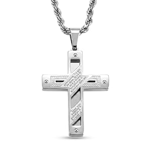 Wrapped Lords Prayer Cross Pendant Necklace in Stainless Steel 22 Inches 