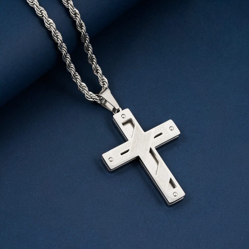 Wrapped Lords Prayer Cross Pendant Necklace in Stainless Steel 22 Inches