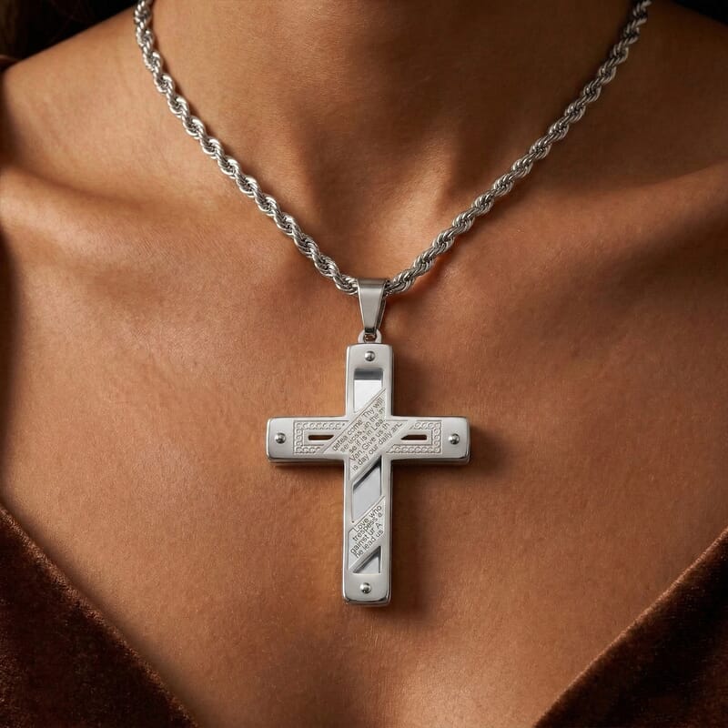 Wrapped Lords Prayer Cross Pendant Necklace in Stainless Steel 22 Inches