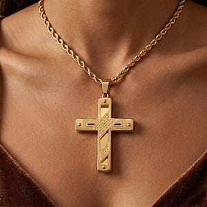 Wrapped Lords Prayer Cross Pendant Necklace in ION Plated YG Stainless Steel 22 Inches 