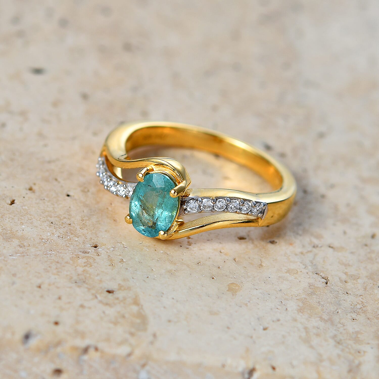 D'Joy Premium Kagem Zambian Emerald and Moissanite 0.90 ctw Bypass Ring in 18K Vermeil Yellow Gold Over Sterling Silver (Size 6.0)